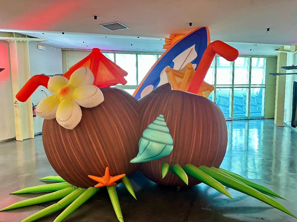 Noix de coco gonflable avec une fleur blanche et jaune et des pailles orange avec des feuille verte en dessous 