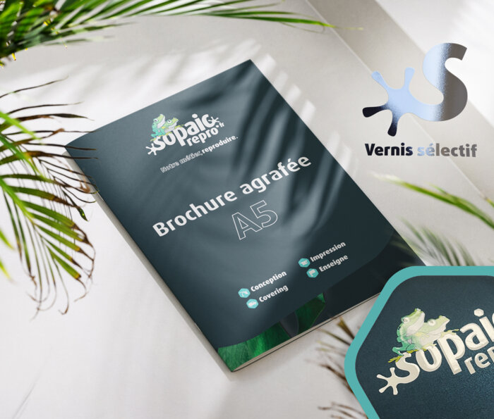 Brochure agrafée A5 portrait avec vernis sélectif