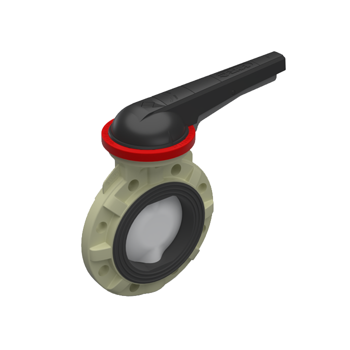 Butterfly valve, PP-H body, PVDF butterfly, DIN* wafer type, with lever handle