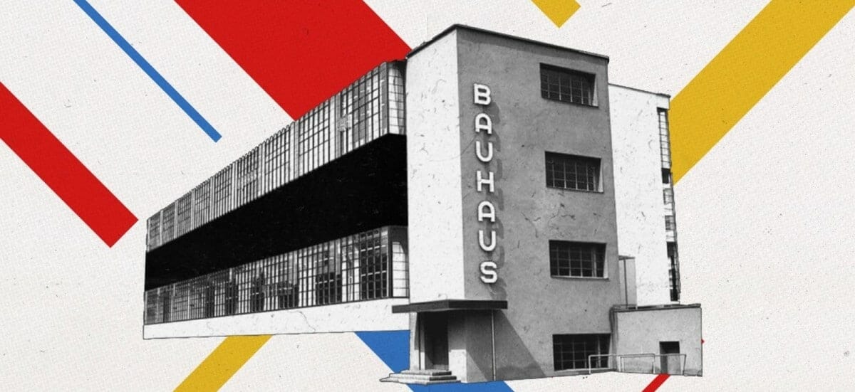 Magazine_le_mouvement_bauhaus Affiche du bâtiment Bauhaus à Dessau