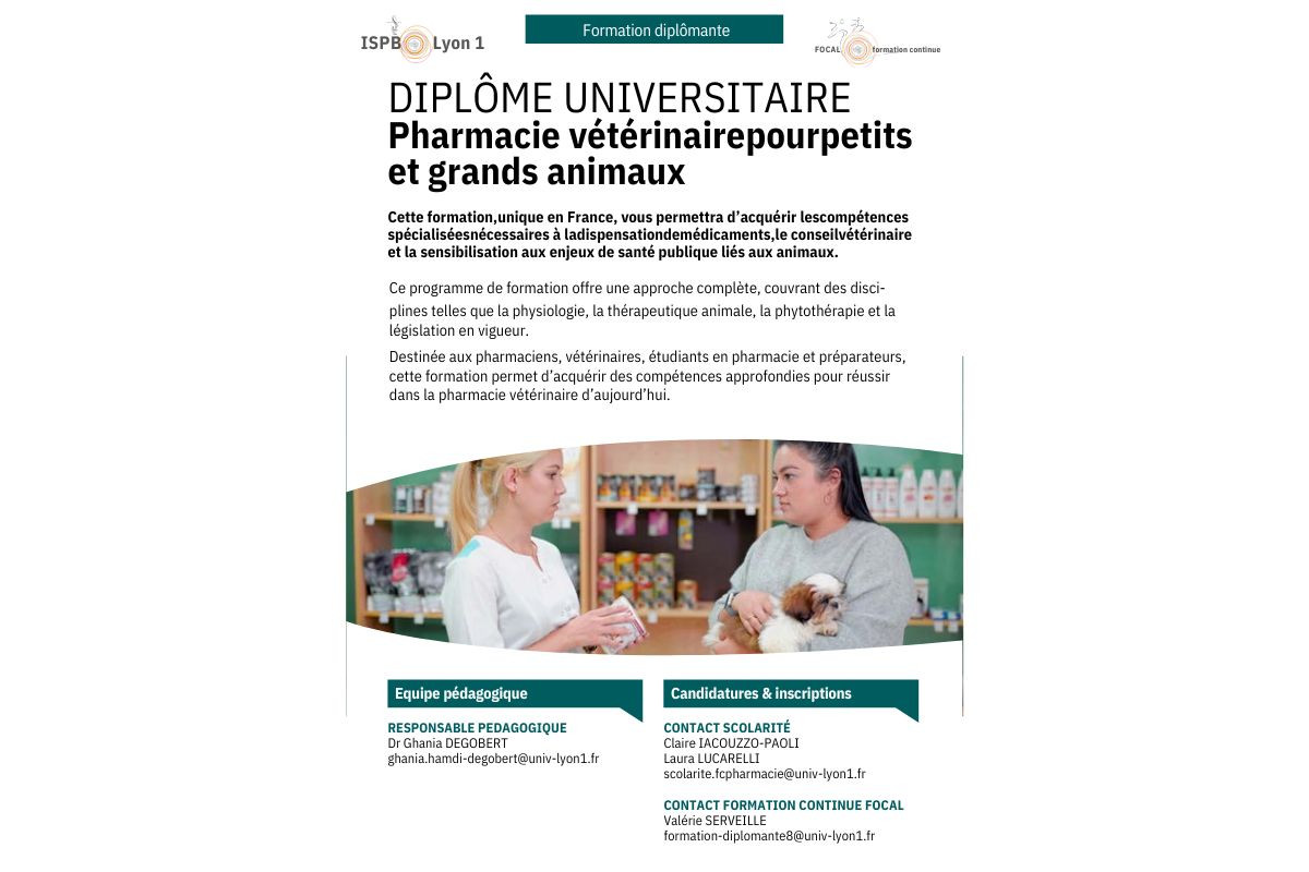 Diplôme Universitaire de Pharmacie Vétérinaire 2025-2026 (Lyon 1)